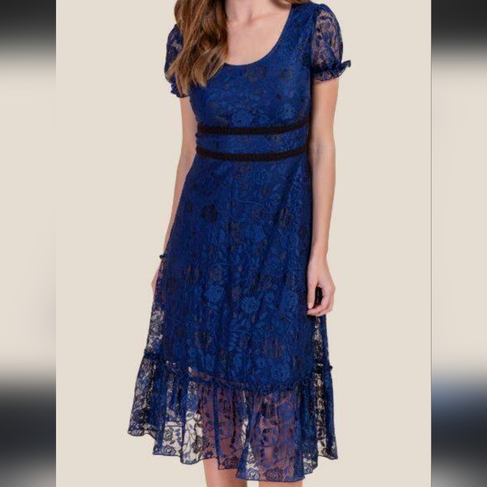 Francescas Miami Blue Lace Puff Sleeve Dress Cottagecore Small